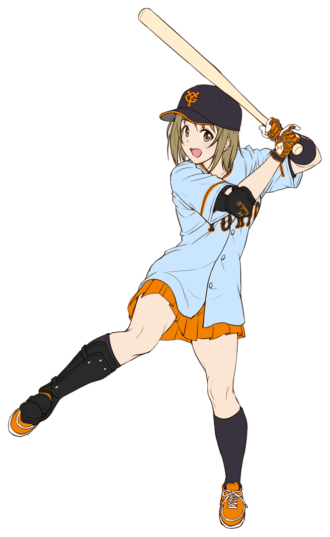 1girl, :d, baseball_cap, batting_stance, blue_shirt, brown_eyes, brown_hair, elbow_pads