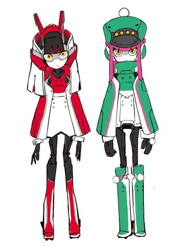 2girls, android, e6_komachi, expressionless, full_body, h5_hayabusa, hat, looking_at_viewer