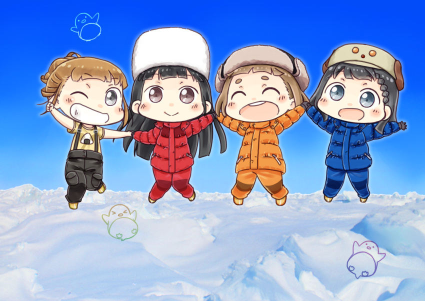 4girls, :d, ;), ^_^, ^o^, antarctica, black_hair, black_pants