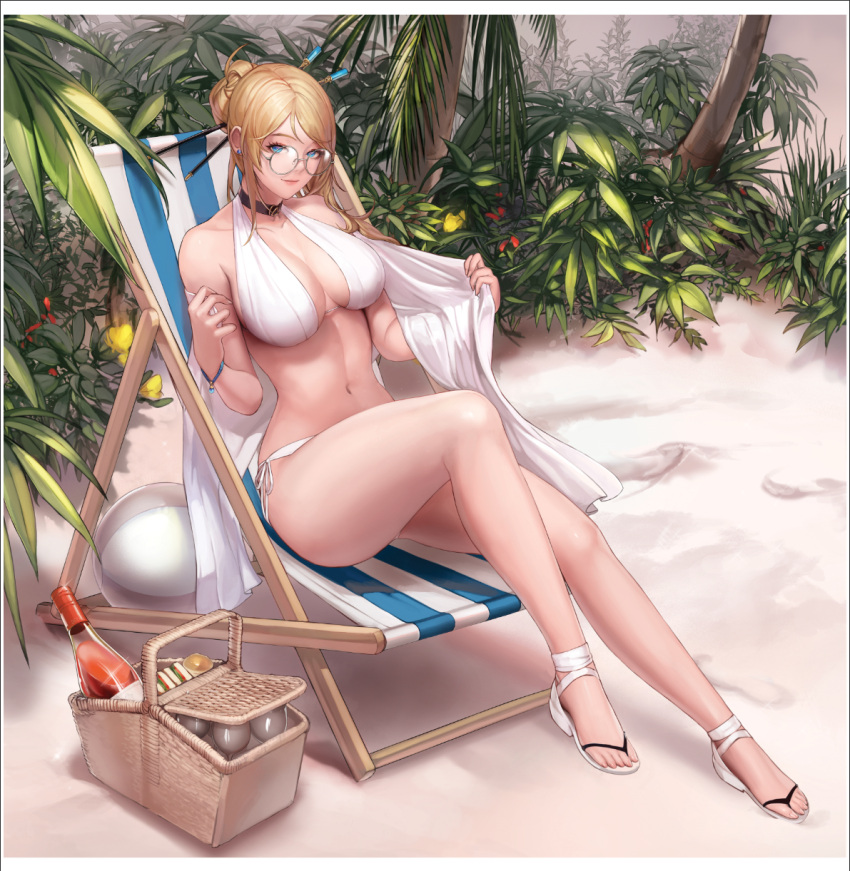1girl, alcohol, ball, bangs, beach, beach_chair, beachball, blonde_hair