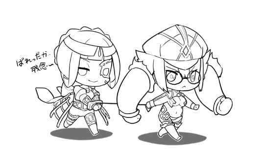2girls, azami_(xenoblade), chibi, doll, dress, hat, long_hair, monochrome