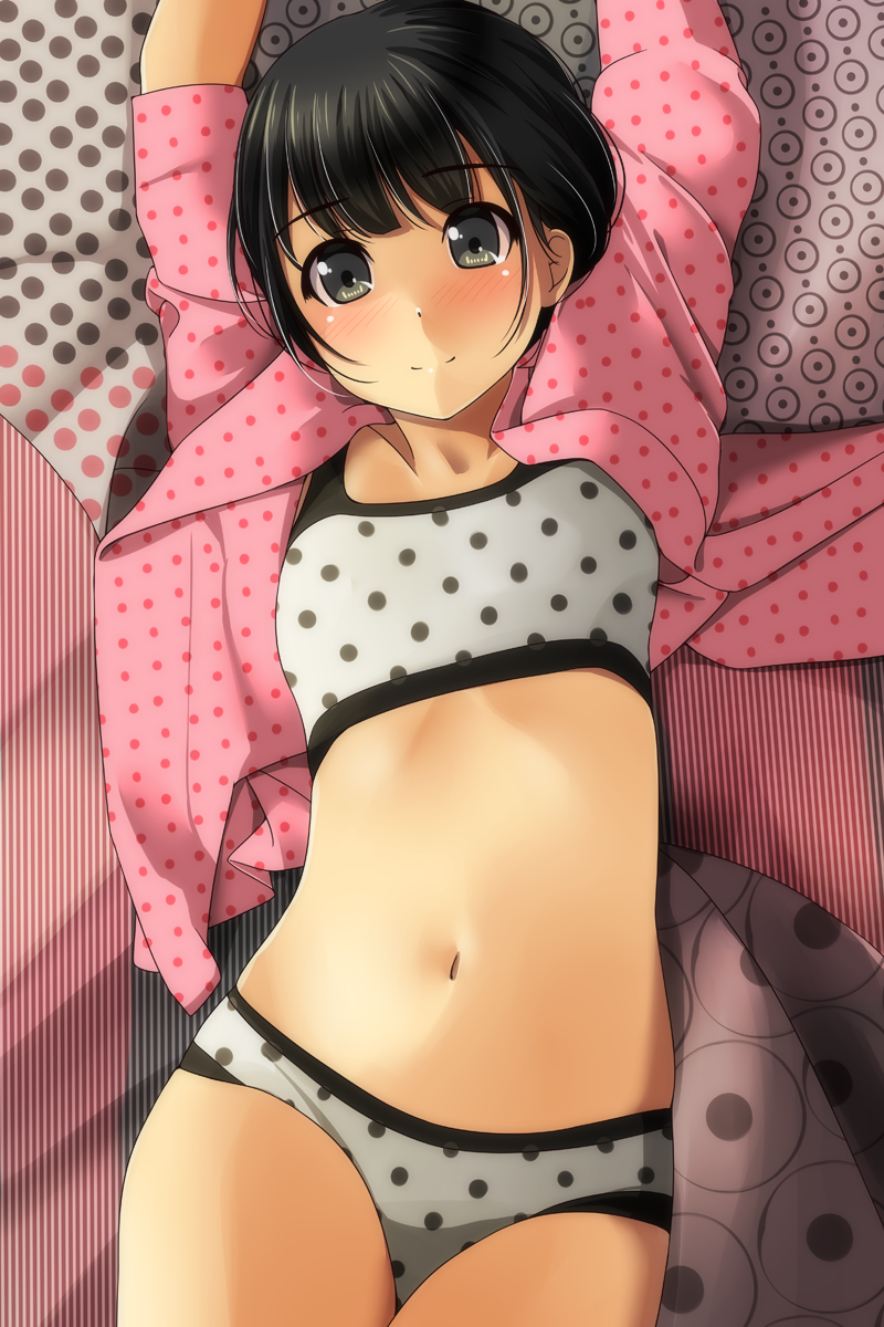 1girl, arms_up, bangs, black_hair, bra, closed_mouth, collarbone, cowboy_shot