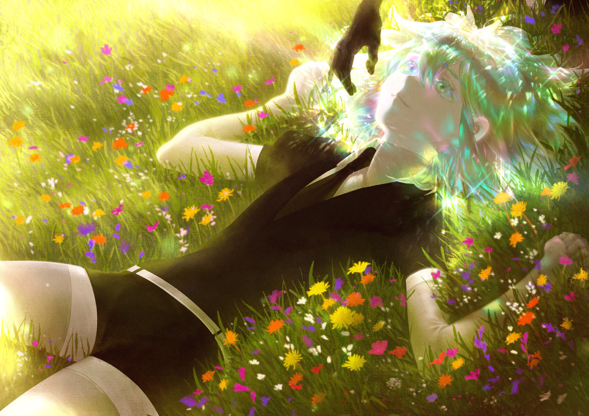 androgynous, bort, diamond_(houseki_no_kuni), elbow_gloves, flower, gem_uniform_(houseki_no_kuni), gloves, grass