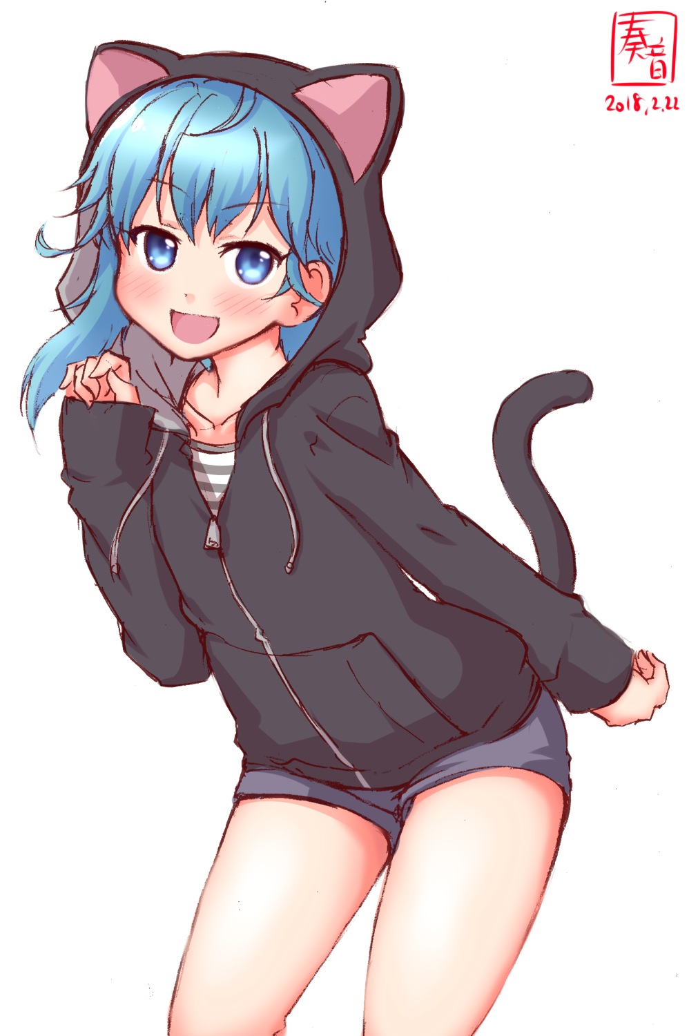 1girl, alternate_costume, animal_hood, asymmetrical_hair, black_jacket, blue_eyes, blue_hair, casual