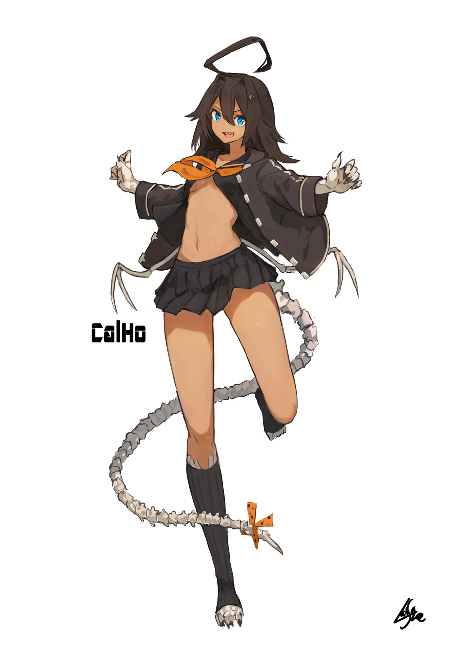 1girl, :d, ahoge, black_legwear, black_sailor_collar, blue_eyes, blue_skirt, bone