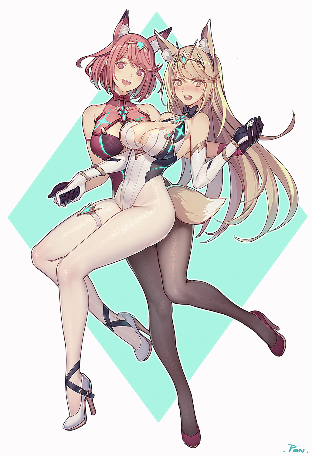 2girls, :d, adapted_uniform, animal_ears, arm_strap, bangs, bare_shoulders, black_eyes