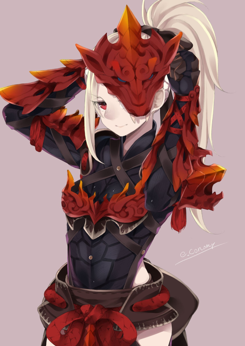 1girl, armor, arms_behind_head, blonde_hair, closed_mouth, commentary_request, e_draw_paint, highres