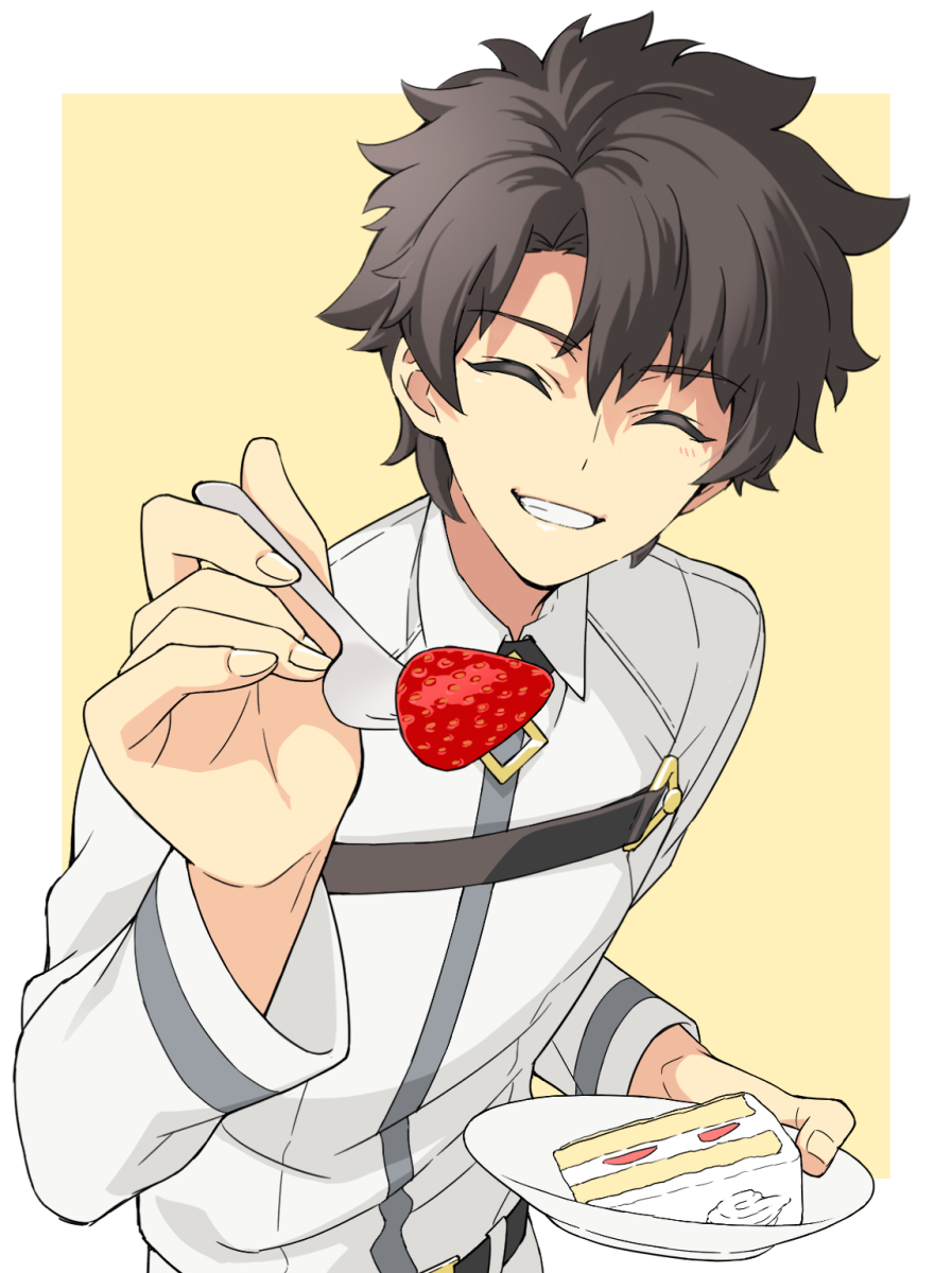 1boy, :d, belt, black_hair, closed_eyes, eyebrows_visible_through_hair, facing_viewer, fate/grand_order, fate_(series), feeding, fingernails, food, fork, fruit, fujimaru_ritsuka_(male), highres, holding, holding_fork, jacket, long_sleeves, male_focus, natsuko_(bluecandy), open_mouth, plate, pov, simple_background, smile, solo, strawberry, strawberry_shortcake, upper_body, wing_collar, yellow_background