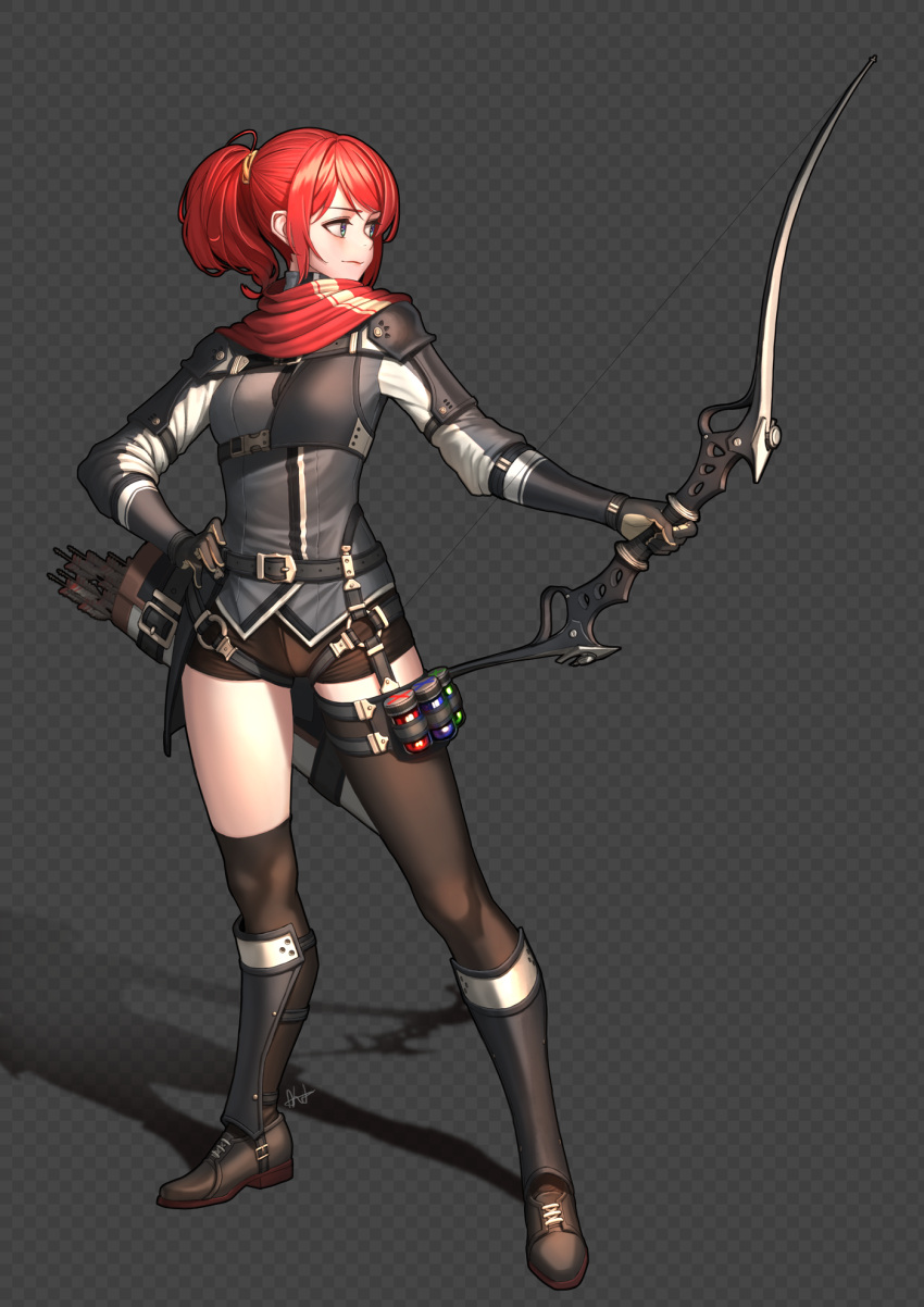 1girl, ahd, armor, arrow, asymmetrical_legwear, bangs, belt, belt_buckle
