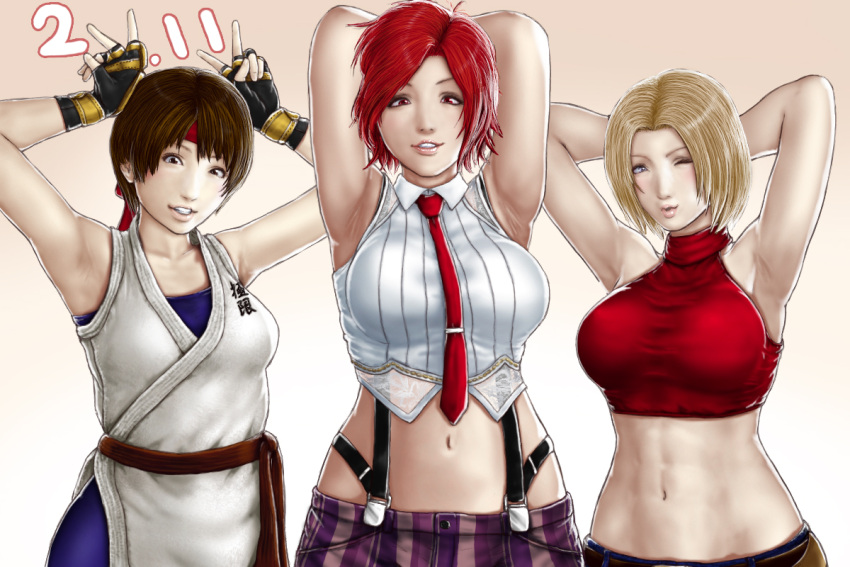 3girls, abs, armpits, blonde_hair, blue_mary, brown_hair, multiple_girls, navel