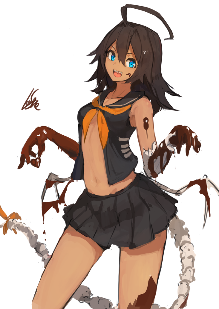1girl, :d, ahoge, black_sailor_collar, blue_eyes, brown_hair, chocolate, colho_(lansane)