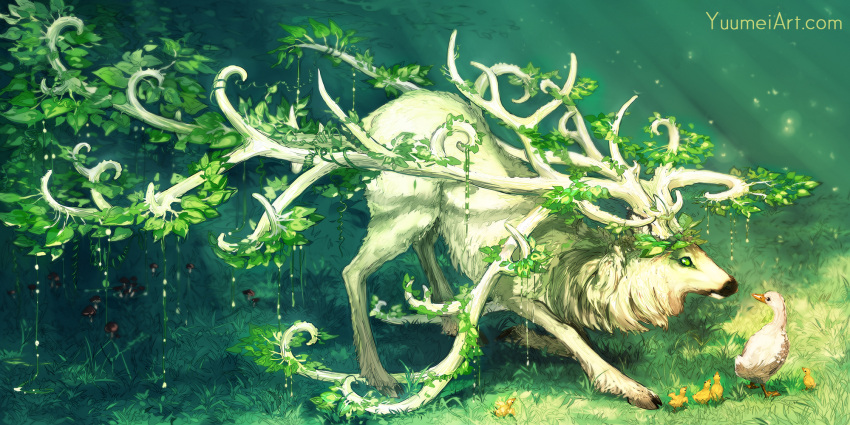 antlers, bird, duck, duckling, elk, eye_contact, fantasy, from_side