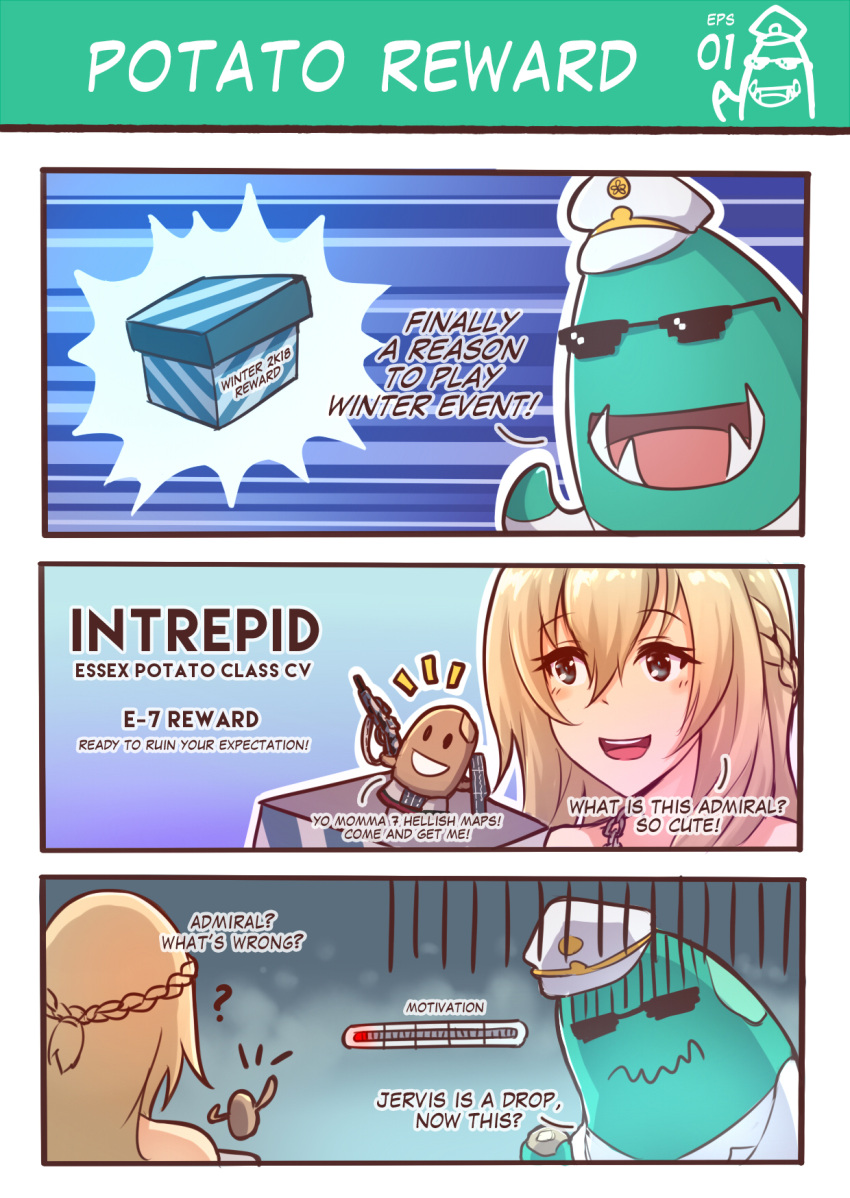 1girl, admiral_(kantai_collection), blonde_hair, blue_eyes, box, braid, comic, cosplay, dress, edwin_(cyberdark_impacts), english, french_braid, hat, highres, intrepid_(kantai_collection), intrepid_(kantai_collection)_(cosplay), kantai_collection, long_hair, long_sleeves, military, military_uniform, naval_uniform, off-shoulder_dress, off_shoulder, open_mouth, peaked_cap, potato, sunglasses, uniform, warspite_(kantai_collection)