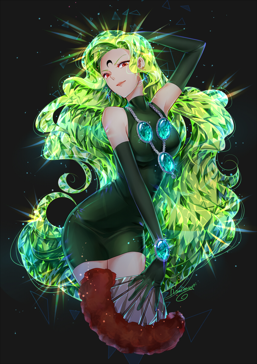 1girl, bishoujo_senshi_sailor_moon, black_background, black_moon_clan, closed_mouth, crescent, dress, elbow_gloves