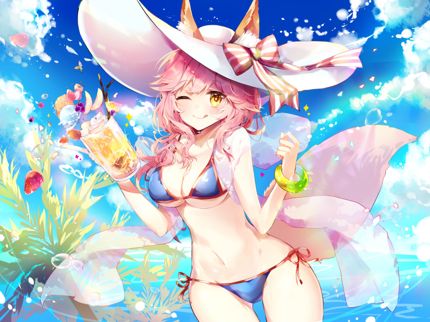 1girl, animal_ears, bikini, blue_bikini, blush, breasts, collarbone, ears_through_headwear