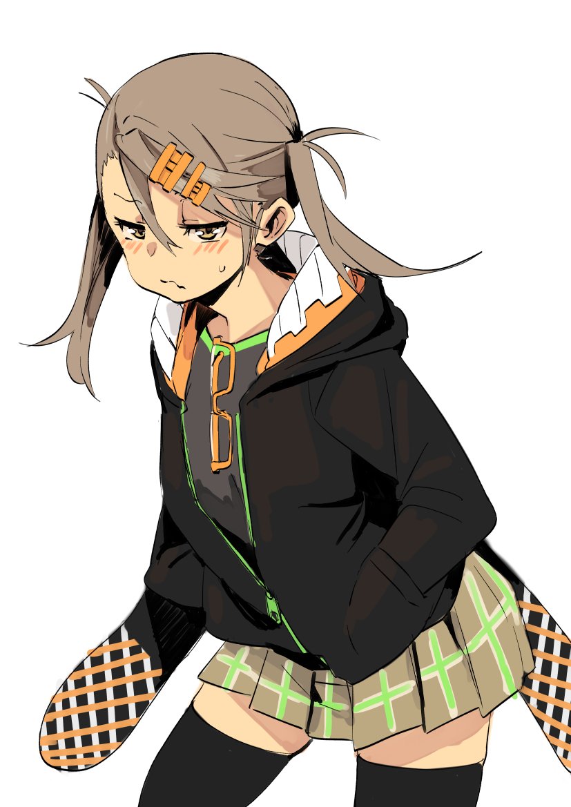1girl, black_hoodie, black_legwear, blush, closed_mouth, commentary_request, cowboy_shot, embarrassed