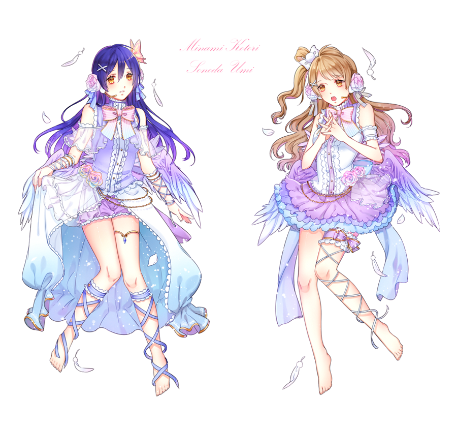 2girls, angel_wings, bangs, bare_shoulders, barefoot, blue_hair, butterfly_hair_ornament, commentary_request, dress, eyebrows_visible_through_hair, feathered_wings, feathers, flower, full_body, grey_hair, hair_between_eyes, hair_flower, hair_ornament, long_hair, looking_at_viewer, love_live!, love_live!_school_idol_festival, love_live!_school_idol_project, microphone, minami_kotori, multiple_girls, one_side_up, open_mouth, ribbon, shina_(sbk951121), simple_background, skirt_hold, sonoda_umi, white_background, white_wings, wings, x_hair_ornament, yellow_eyes