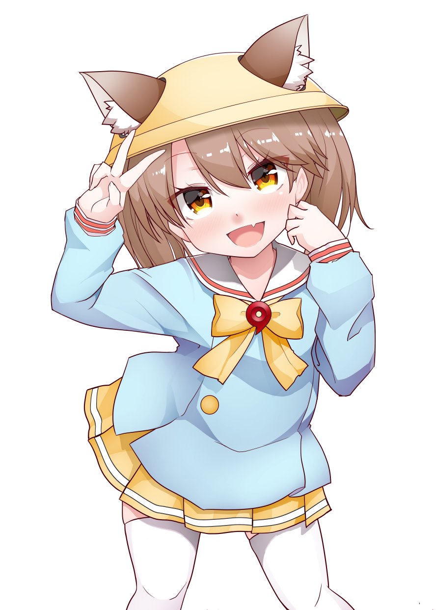 1girl, animal_ears, azur_lane, blue_shirt, brown_eyes, brown_hair, cat_ears, cosplay, cowboy_shot, fang, hat, highres, kantai_collection, kindergarten_uniform, kirigaku, kirigakure_(kirigakure_tantei_jimusho), long_hair, looking_at_viewer, mutsuki_(azur_lane), mutsuki_(azur_lane)_(cosplay), open_mouth, ryuujou_(kantai_collection), sailor_collar, school_hat, shirt, simple_background, skirt, smile, solo, twintails, v, white_background, white_sailor_collar, yellow_skirt