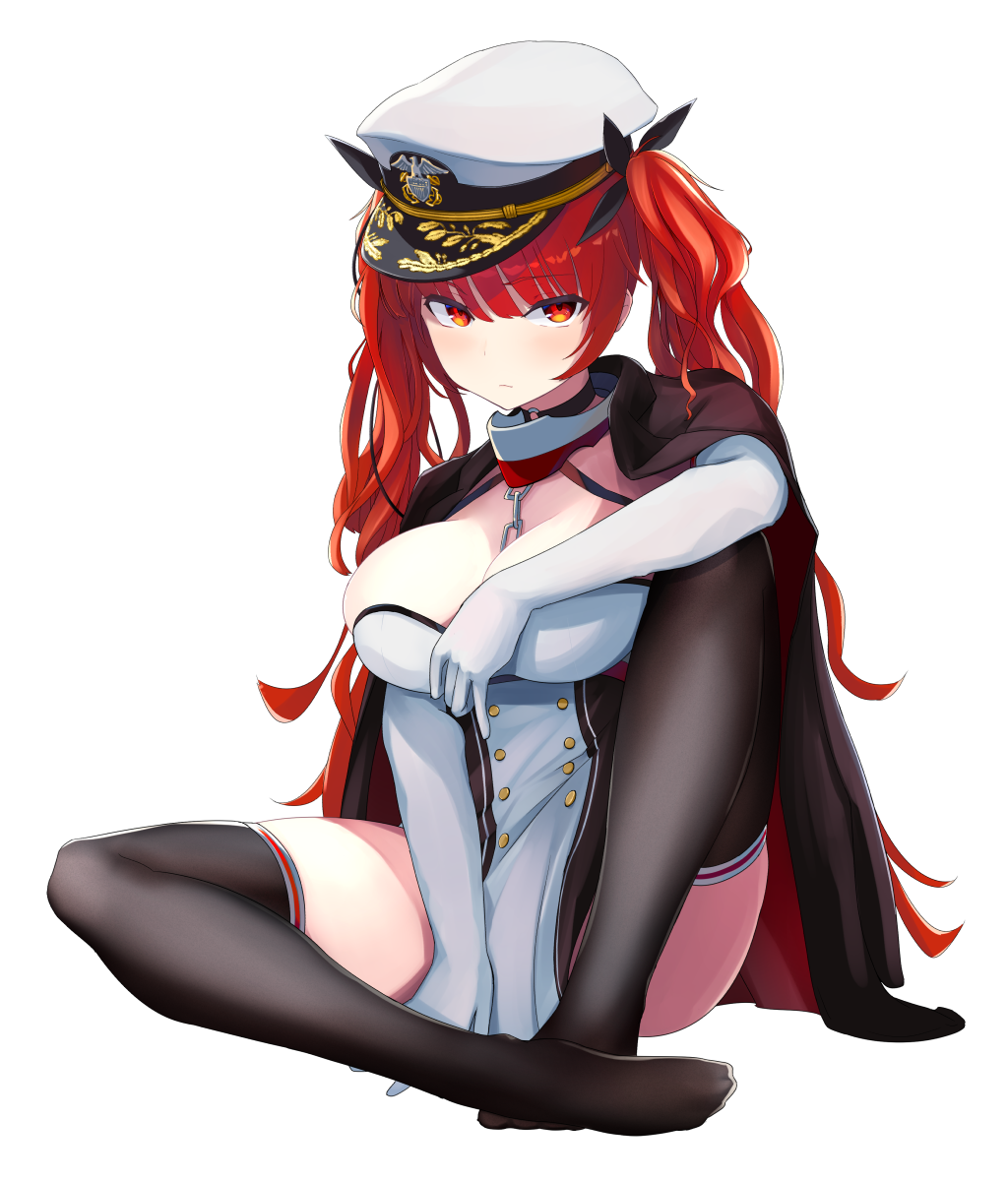 1girl, azur_lane, bangs, breasts, chains, choker, cleavage, dress, elbow_gloves, fu_soulwave, full_body, gloves, hat, highres, honolulu_(azur_lane), indian_style, jacket_on_shoulders, large_breasts, long_hair, looking_at_viewer, peaked_cap, red_eyes, redhead, sitting, skindentation, solo, thigh-highs, twintails, very_long_hair, wavy_hair, white_gloves