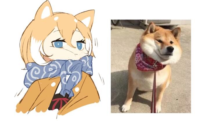 1girl, animal, animal_ears, blonde_hair, blue_eyes, cheek_squash, dog, dog_ears, hair_between_eyes, jong_tu, leash_pull, multicolored_hair, original, photo-referenced, pout, reference_photo, reference_photo_inset, scarf, shiba_inu, shiba_squish, short_hair, simple_background, solo, two-tone_hair, upper_body, white_background, white_hair