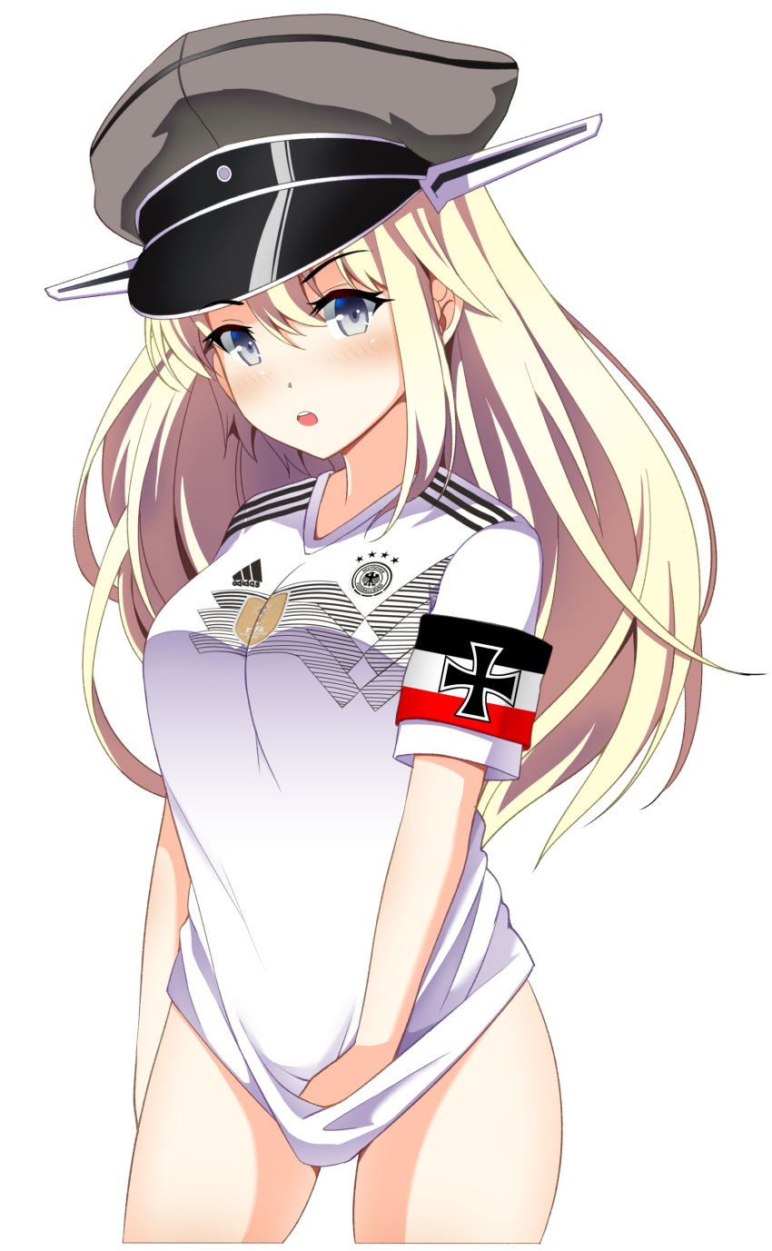 1girl, 2018_fifa_world_cup, absurdres, adidas, alternate_costume, bismarck_(kantai_collection), blonde_hair, blue_eyes