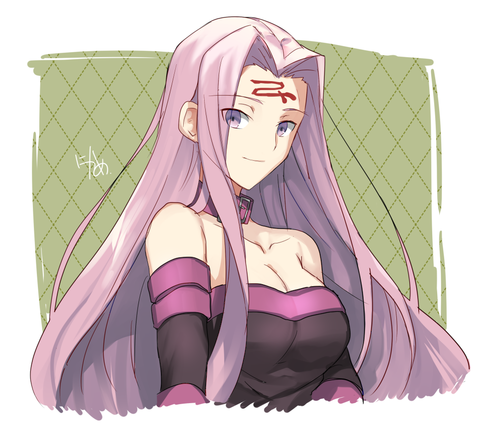1girl, bare_shoulders, closed_mouth, elbow_gloves, eyebrows_visible_through_hair, facial_mark, fate/stay_night, fate_(series)