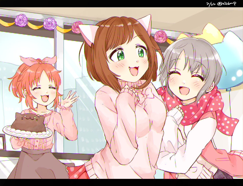 3girls, :3, :d, abe_nana, animal_ears, arm_hug, balloon, blouse