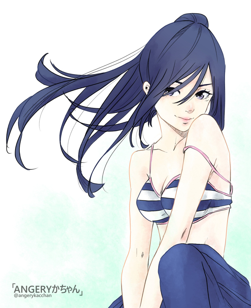 1girl, absurdres, angerykacchan, artist_name, bikini, blue_eyes, blue_hair, breasts