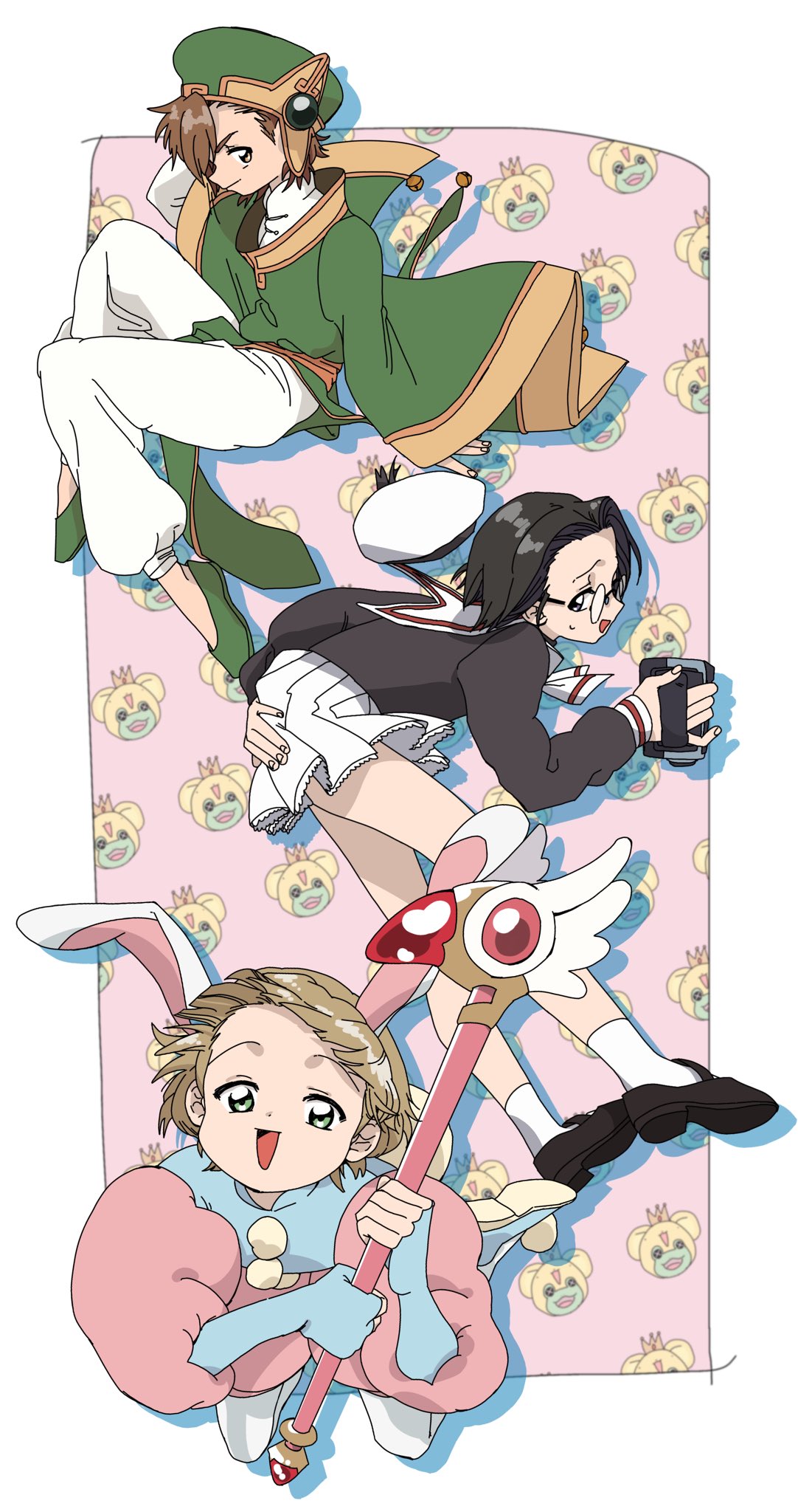 3boys, animal_ears, black_eyes, black_hair, blonde_hair, brown_eyes, brown_hair, card_captor_sakura