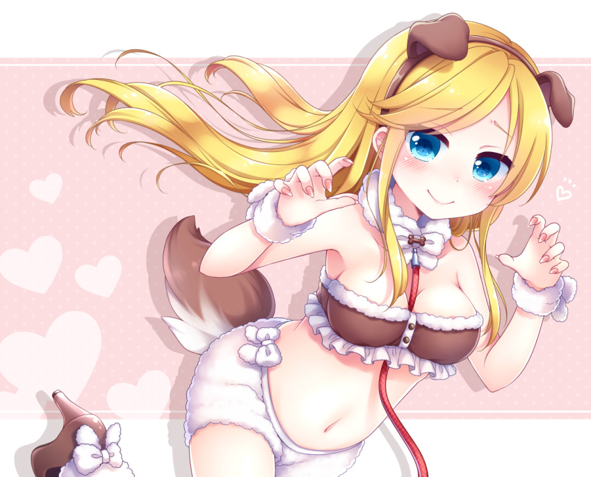 1girl, animal_ears, bangs, between_breasts, blonde_hair, blue_eyes, blush, breasts, brown_footwear, chunithm, claw_pose, closed_mouth, collar, collarbone, dog_ears, dog_tail, eyebrows_visible_through_hair, fake_animal_ears, fingernails, floating_hair, from_side, furrowed_eyebrows, hairband, heart, high_heels, leash, leg_up, long_hair, looking_at_viewer, medium_breasts, navel, ogata_arishiana, pink_background, polka_dot, polka_dot_background, sanotsuki, sharp_fingernails, silhouette, smile, solo, swept_bangs, tail, very_long_hair