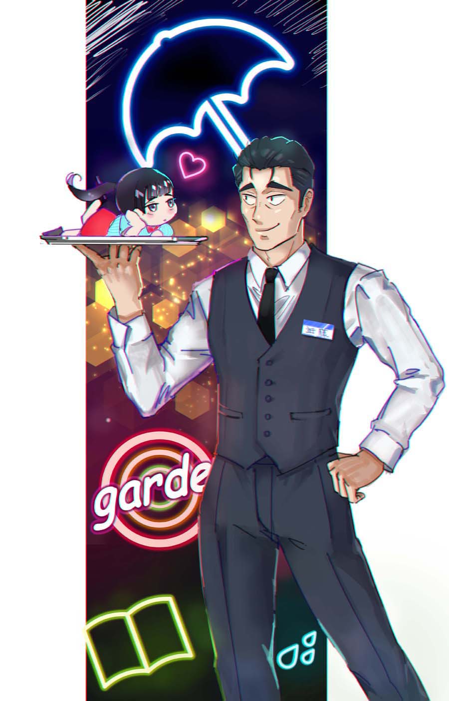 1boy, 1girl, black_eyes, black_hair, black_neckwear, black_pants, blush, child