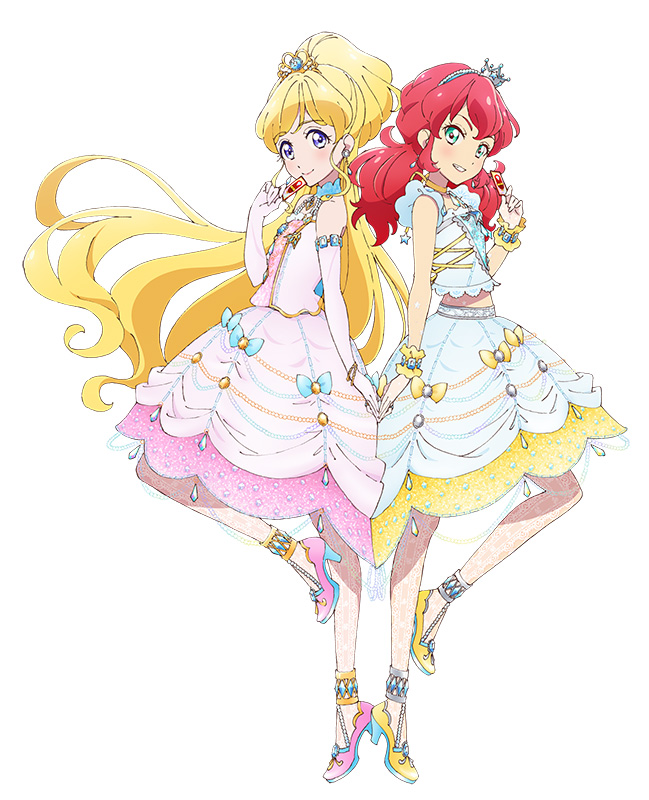 2girls, aikatsu!, aikatsu_friends!, aqua_eyes, asuka_mirai_(aikatsu_friends!), back-to-back, blonde_hair, blue_bow