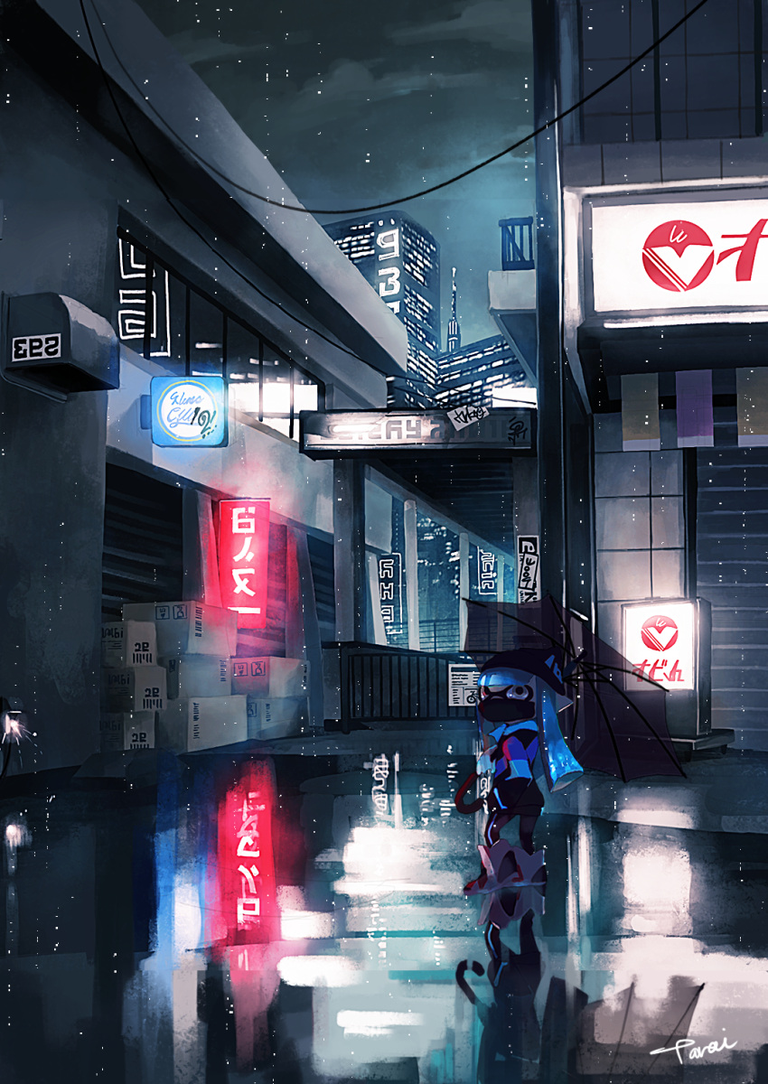 1girl, artist_name, black_pants, black_shorts, blue_hair, blue_jacket, boots, building, city, commentary_request, domino_mask, face_mask, grey_footwear, hand_in_pocket, highres, holding, holding_umbrella, inkling, inkling_(language), jacket, long_hair, long_sleeves, looking_back, mask, night, outdoors, pants, pants_under_shorts, pointy_ears, rain, reflection, shorts, signature, single_vertical_stripe, skyscraper, solo, splatoon, splatoon_2, standing, tarai_(silica5), tentacle_hair, umbrella, violet_eyes