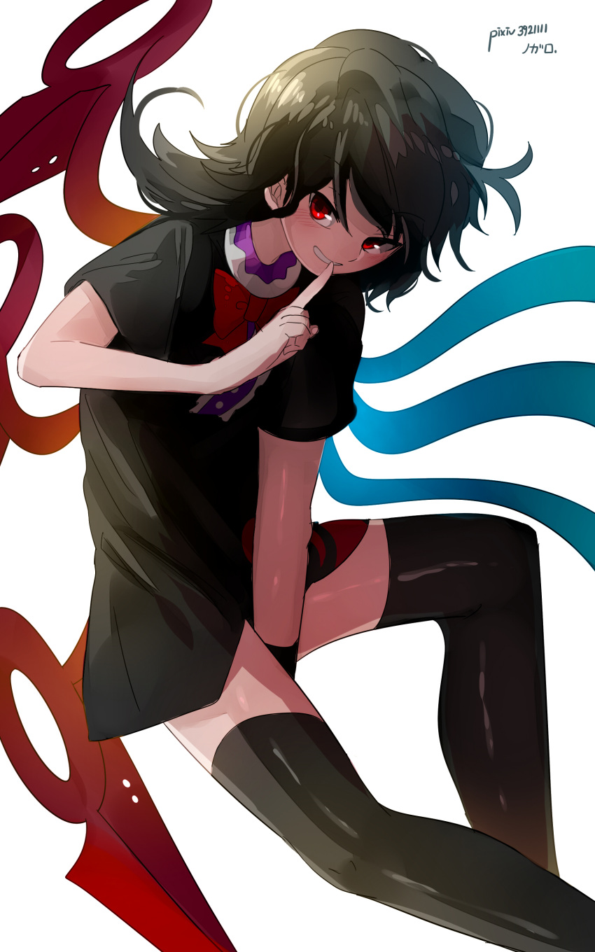 1girl, absurdres, artist_name, asuku_(69-1-31), asymmetrical_wings, bangs, bare_arms, between_legs