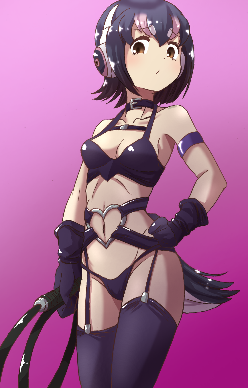 1girl, :/, alternate_costume, artist_request, bdsm, bird_tail, black_gloves, black_hair
