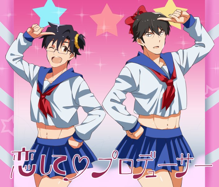 2boys, akabane_kenji, black_hair, bow, cosplay, crossdressinging, glasses, hair_bow