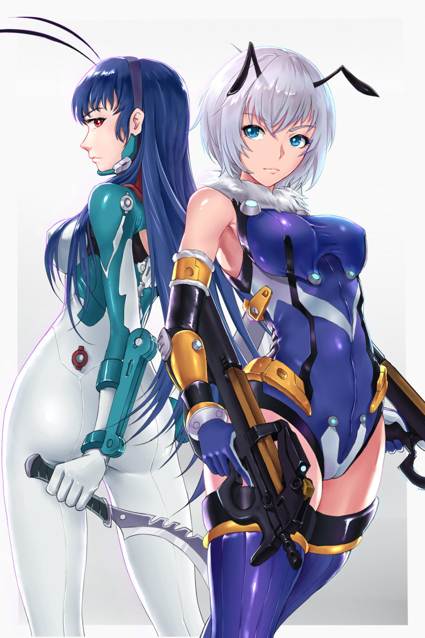 2girls, absurdres, antennae, ass, back-to-back, bai_hua, bee_girl, blue_eyes