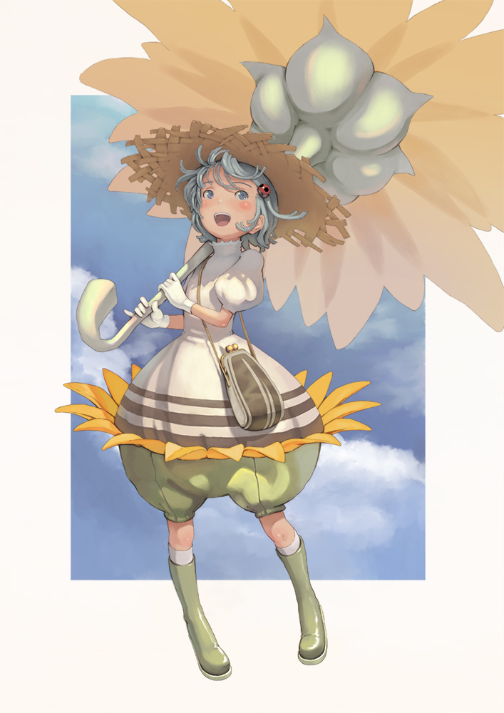blush, boots, fairy, flower, gloves, grey_eyes, hat, kneehighs
