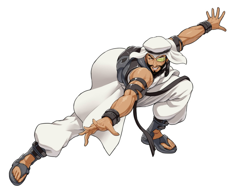 1boy, beard, black_hair, brown_eyes, facial_hair, full_body, grin, keffiyeh