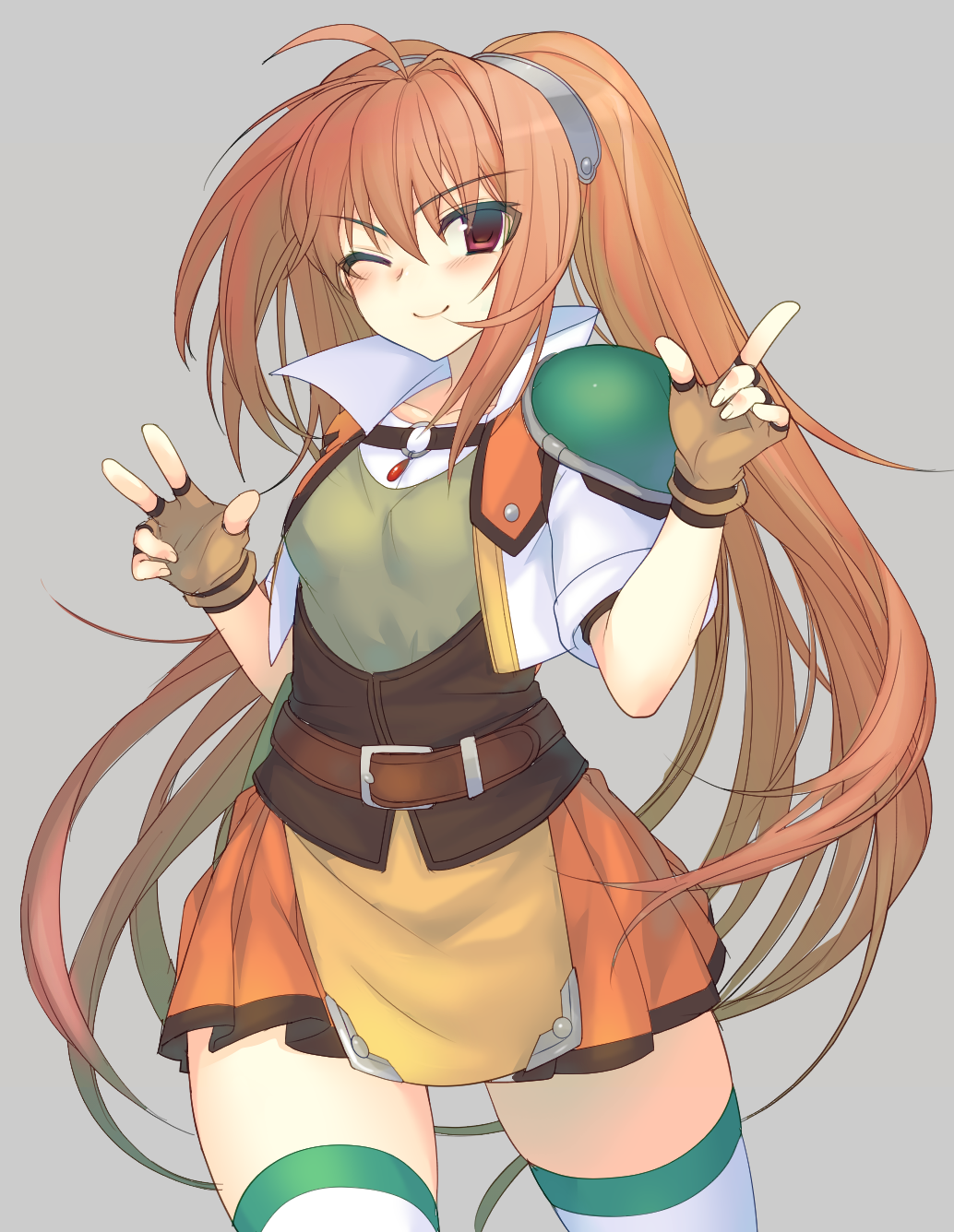 1girl, belt, brown_hair, eiyuu_densetsu, estelle_bright, fingerless_gloves, gloves, highres