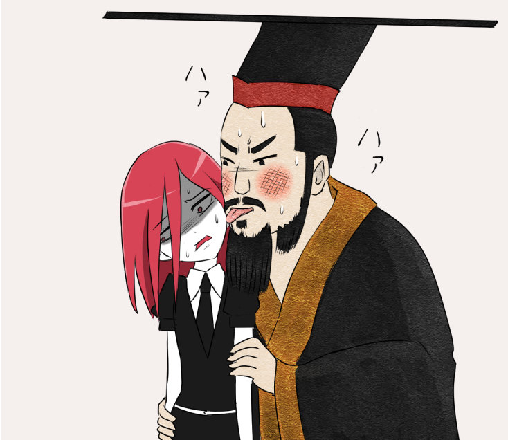 1boy, androgynous, arumikei, beard, black_hair, blush, chinese_clothes, commentary