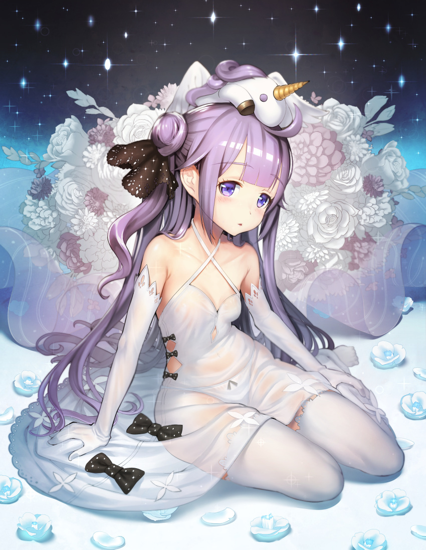 1girl, absurdres, arm_support, azur_lane, bangs, bare_shoulders, black_bow, black_ribbon
