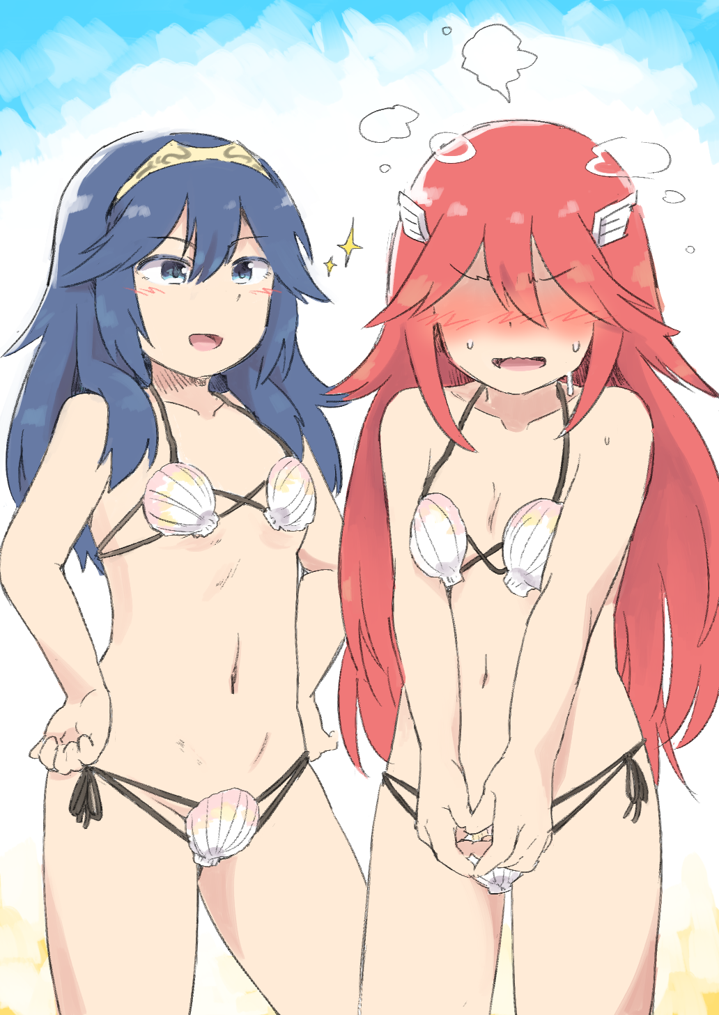 2girls, bikini, blue_eyes, blush, breasts, embarrassed, fire_emblem, fire_emblem:_kakusei