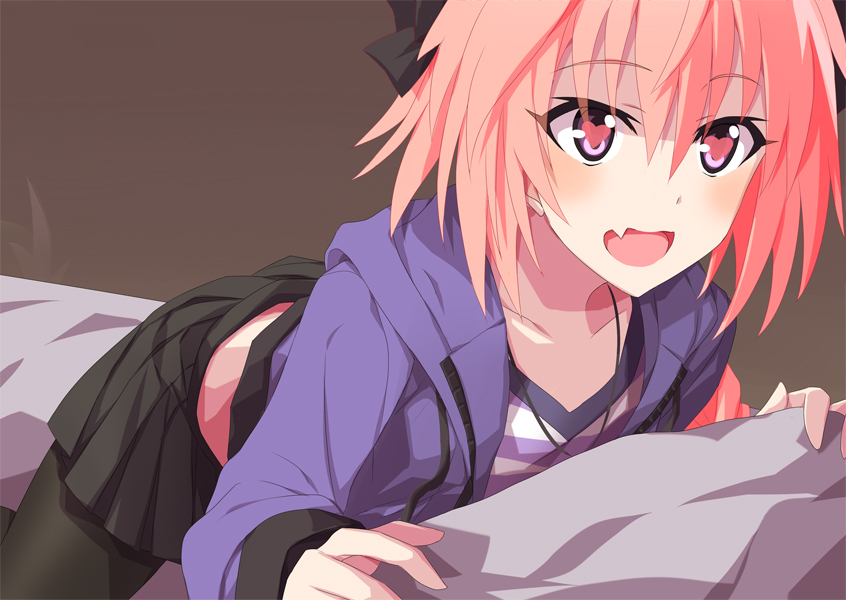 1boy, :d, astolfo_(fate), bangs, bed_sheet, black_bow, black_legwear, black_skirt, blush, bow, brown_background, collarbone, drawstring, eyebrows_visible_through_hair, fang, fate/apocrypha, fate_(series), hair_between_eyes, hair_bow, heart, heart-shaped_pupils, jacket, long_sleeves, male_pubic_hair, multicolored_hair, neckerchief, nu_(plastic_eraser), on_bed, open_clothes, open_jacket, open_mouth, pantyhose, pillow, pink_hair, pubic_hair, purple_jacket, simple_background, skirt, smile, streaked_hair, symbol-shaped_pupils, trap, violet_eyes
