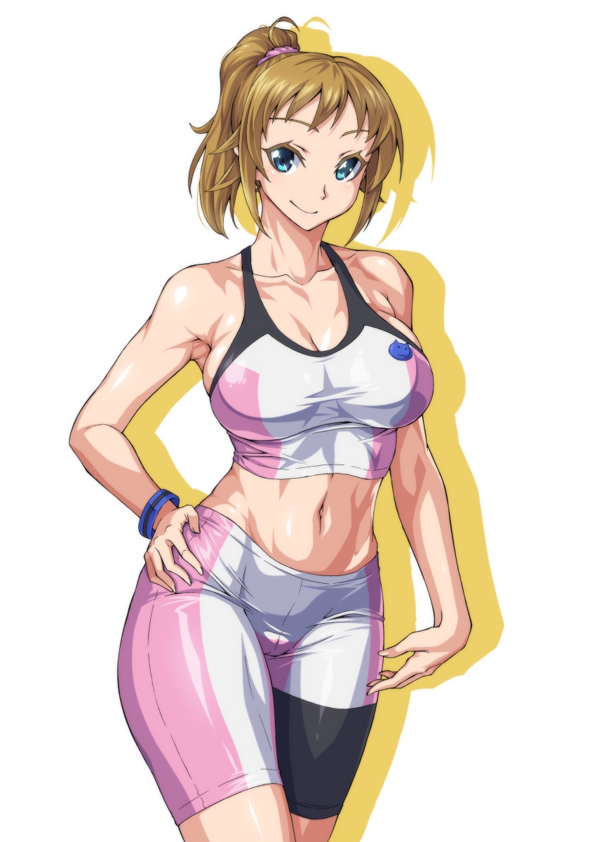 1girl, bare_arms, bare_shoulders, bike_shorts, blue_eyes, blush, breasts, brown_hair, cleavage, collarbone, eyelashes, gundam, gundam_build_fighters, gundam_build_fighters_try, hair_ornament, hair_scrunchie, hand_on_hip, highres, hoshino_fumina, large_breasts, looking_at_viewer, midriff, navy_blue_legwear, ozaneko, ponytail, scrunchie, shiny, shiny_skin, short_hair, simple_background, solo, sports_bra, stomach_growling, toned, white_background, wristband