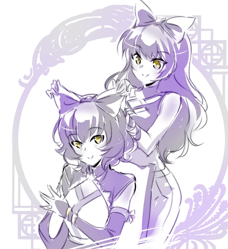 2girls, bags_under_eyes, black_hair, blake_belladonna, bow, commentary_request, hair_bow, iesupa