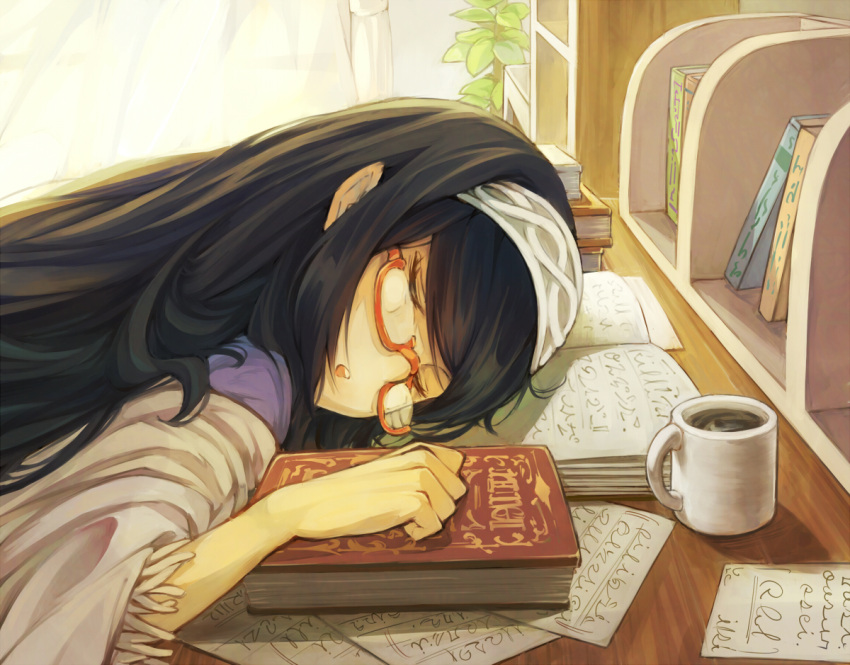 1girl, backlighting, bespectacled, black_hair, book, bookshelf, closed_eyes, commentary_request, cup, curtains, desk, fringe, glasses, hairband, idolmaster, idolmaster_cinderella_girls, kokku-san, long_hair, open_mouth, paper, plant, red-framed_eyewear, sagisawa_fumika, semi-rimless_eyewear, shawl, sleeping, solo, sweater, under-rim_eyewear, upper_body
