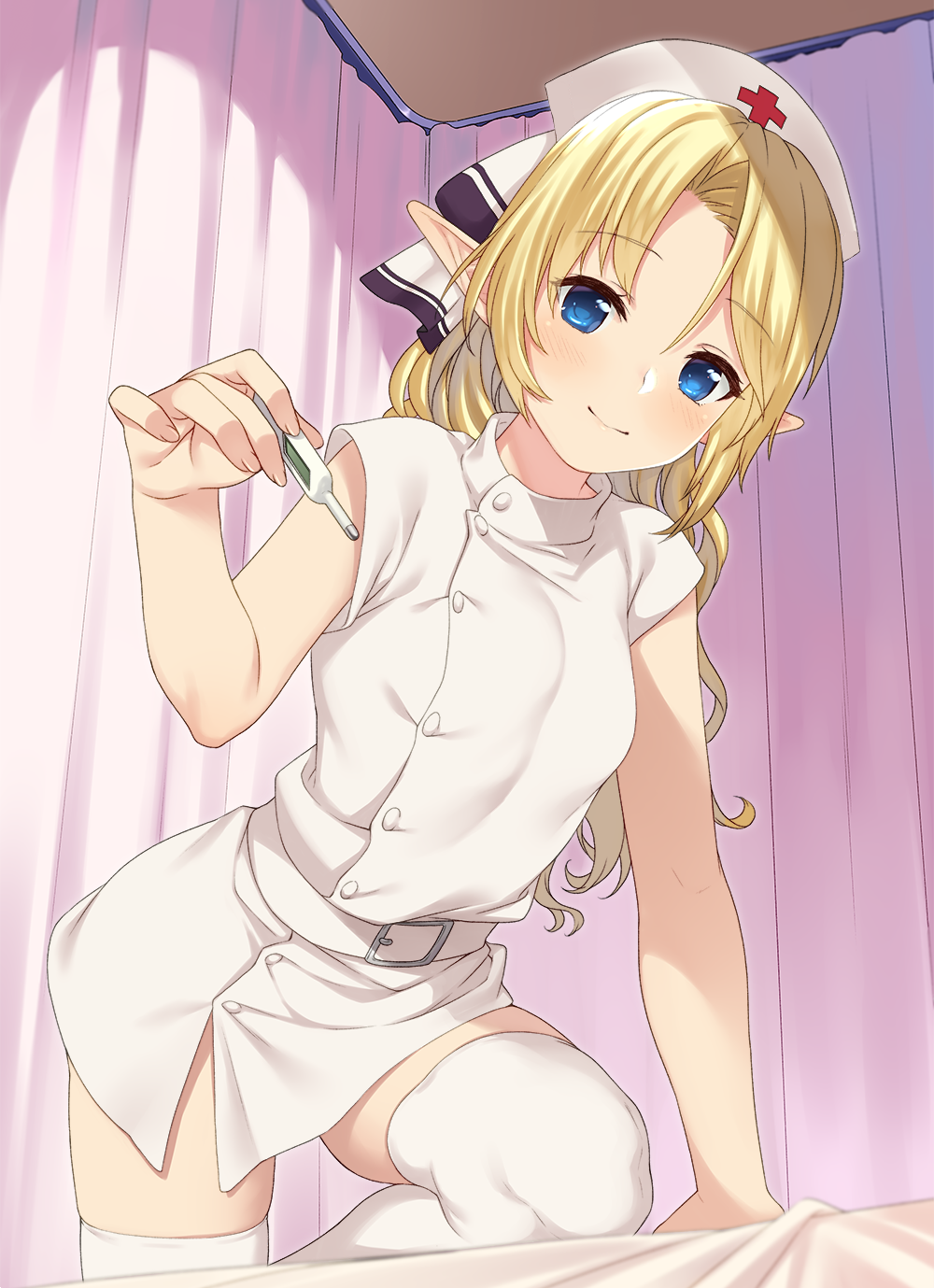 1girl, arm_support, bangs, bed_sheet, belt, belt_buckle, blonde_hair, blue_eyes