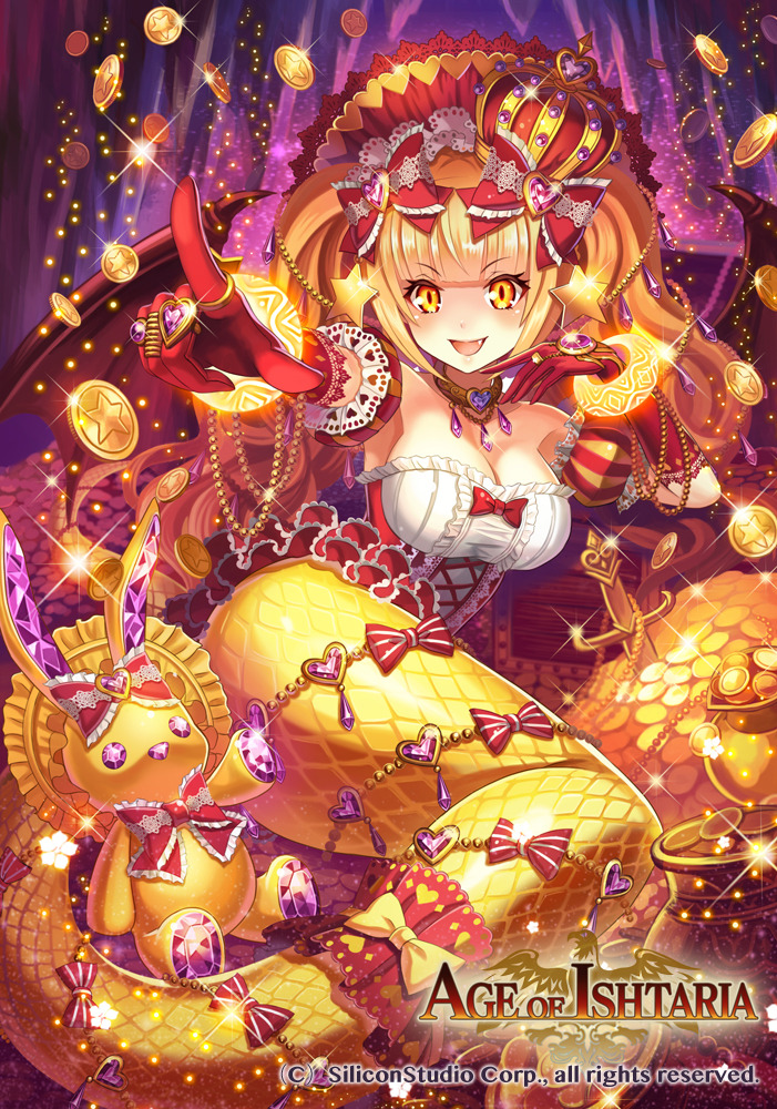 1girl, age_of_ishtaria, blonde_hair, bow, bracelet, breasts, cleavage, coin