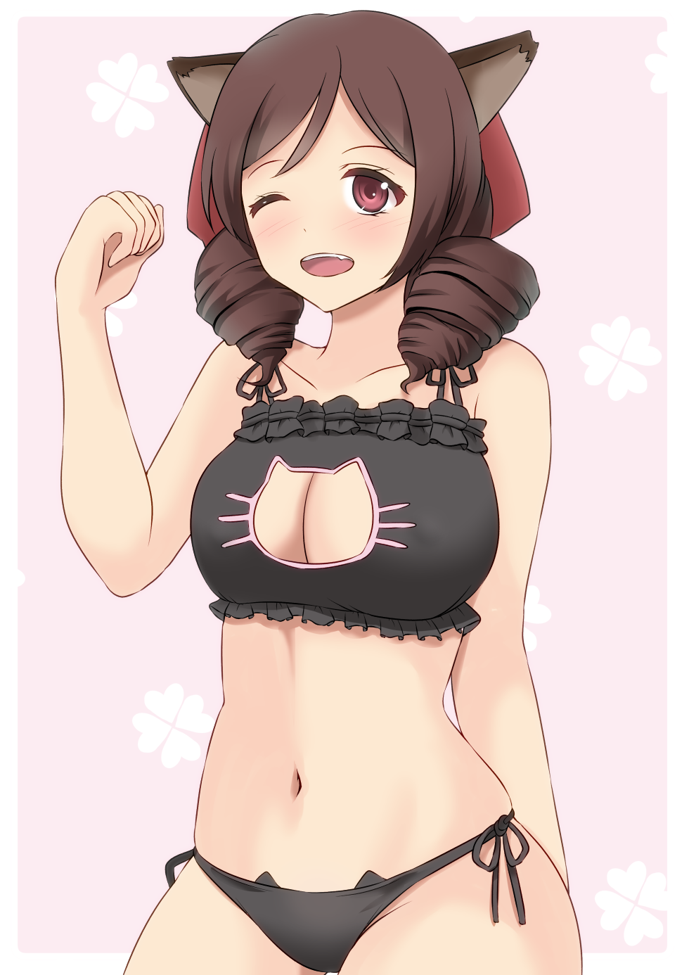 1girl, alternate_costume, animal_ears, black_bra, black_panties, bow, bra, breasts, brown_hair, cat_cutout, cat_ears, cat_lingerie, cleavage, cleavage_cutout, cow, drill_hair, hair_bow, harukaze_(kantai_collection), highres, kamikitayotsuba, kantai_collection, large_breasts, long_hair, meme_attire, one_eye_closed, open_mouth, panties, pink_background, red_bow, red_eyes, side-tie_panties, smile, solo, twin_drills, underwear